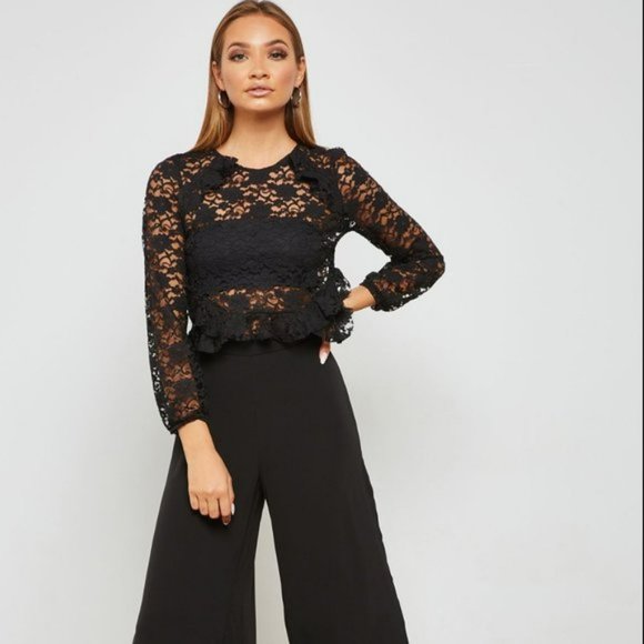 MISS SELFRIDGE Black Lace Long Sleeve Crop Top